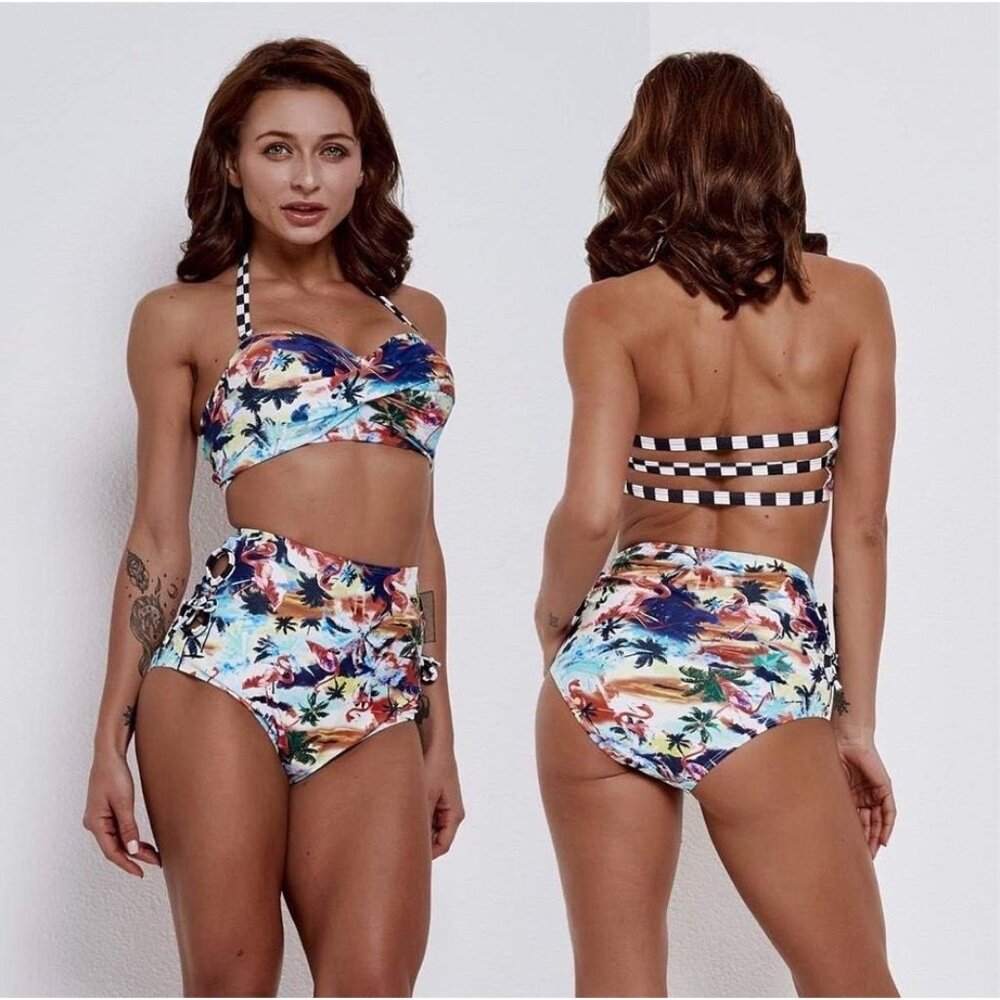 Aonihua‎ Bikini Set Womens 2XL Tropical Flamingo High Waisted Checkered Swimsuit